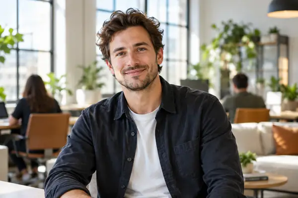 Porträt einer Person aus der Startup-Gründung in einem hellen, modernen Arbeitsumfeld, entspannt und nahbar.