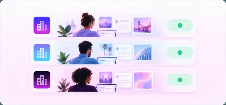 Verbundene Mandantenprofile in einer klar gestalteten Interface-Illustration in Pastellfarben.