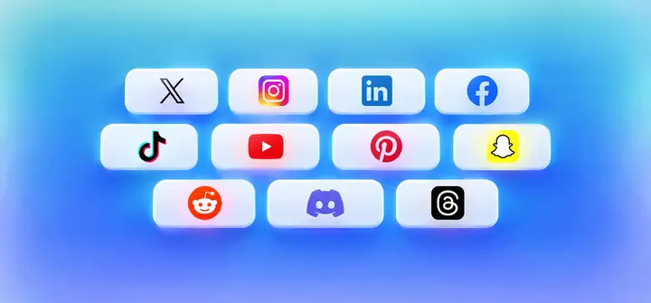 Illustration von Chips für Social-Media-API-Endpunkte auf einer pastellblauen Fläche.